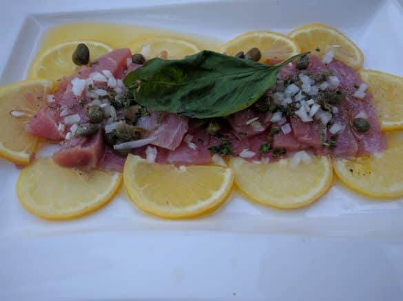 Ahi tuna on top of lemon, as seen in hotel restaurant in Tecate
