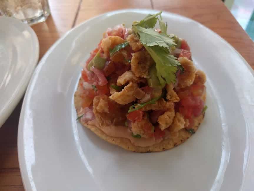 Tuna ceviche on top of pork rinds, food in Playa Del Carmen