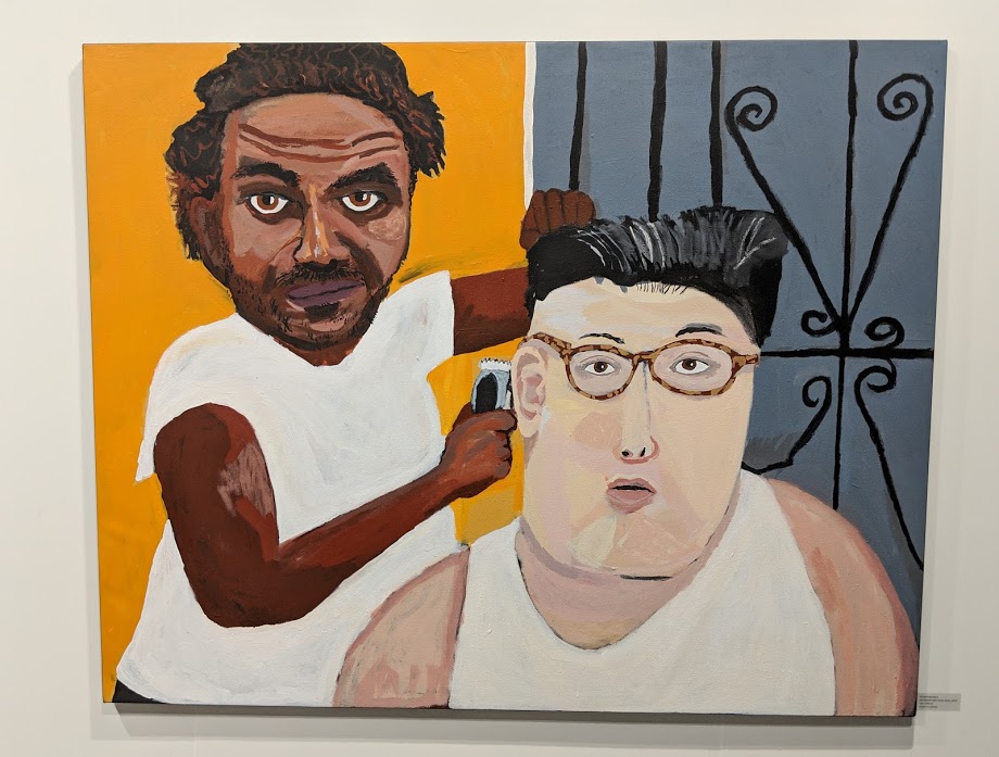 A painting of Kim Jong Un getting a haircut by a black man as seen at Art Basel Miami 2018. 