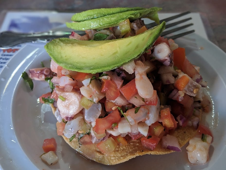 Shrimp ceviche topped with avocado, as served in Tijuana, Baja California