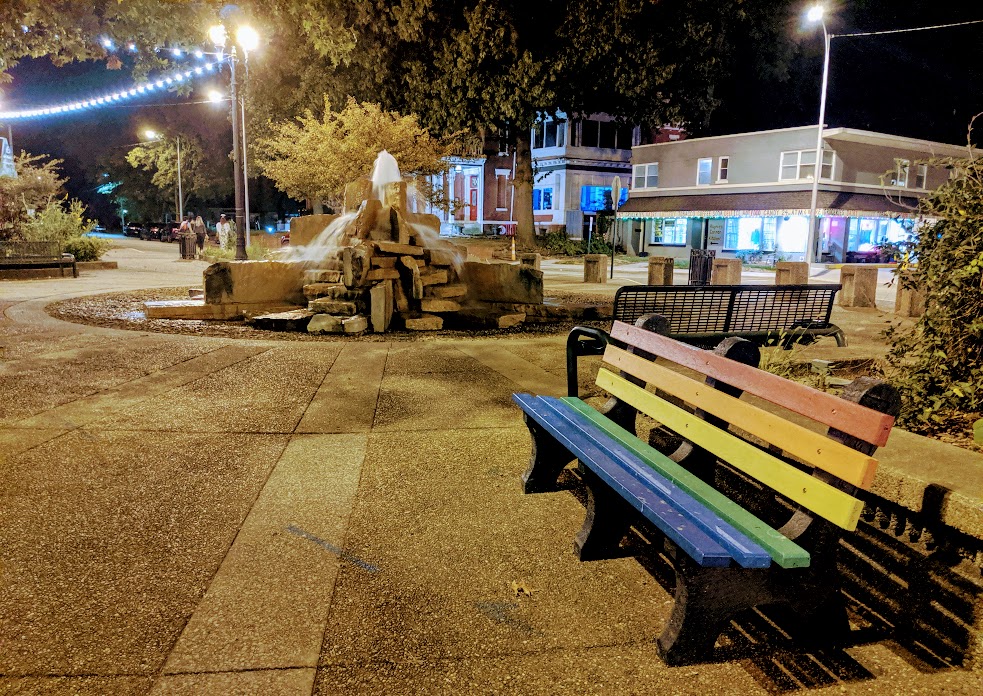 Rainbow bench in the Haynie's Corner neighborhood in Evansville, Indiana.  