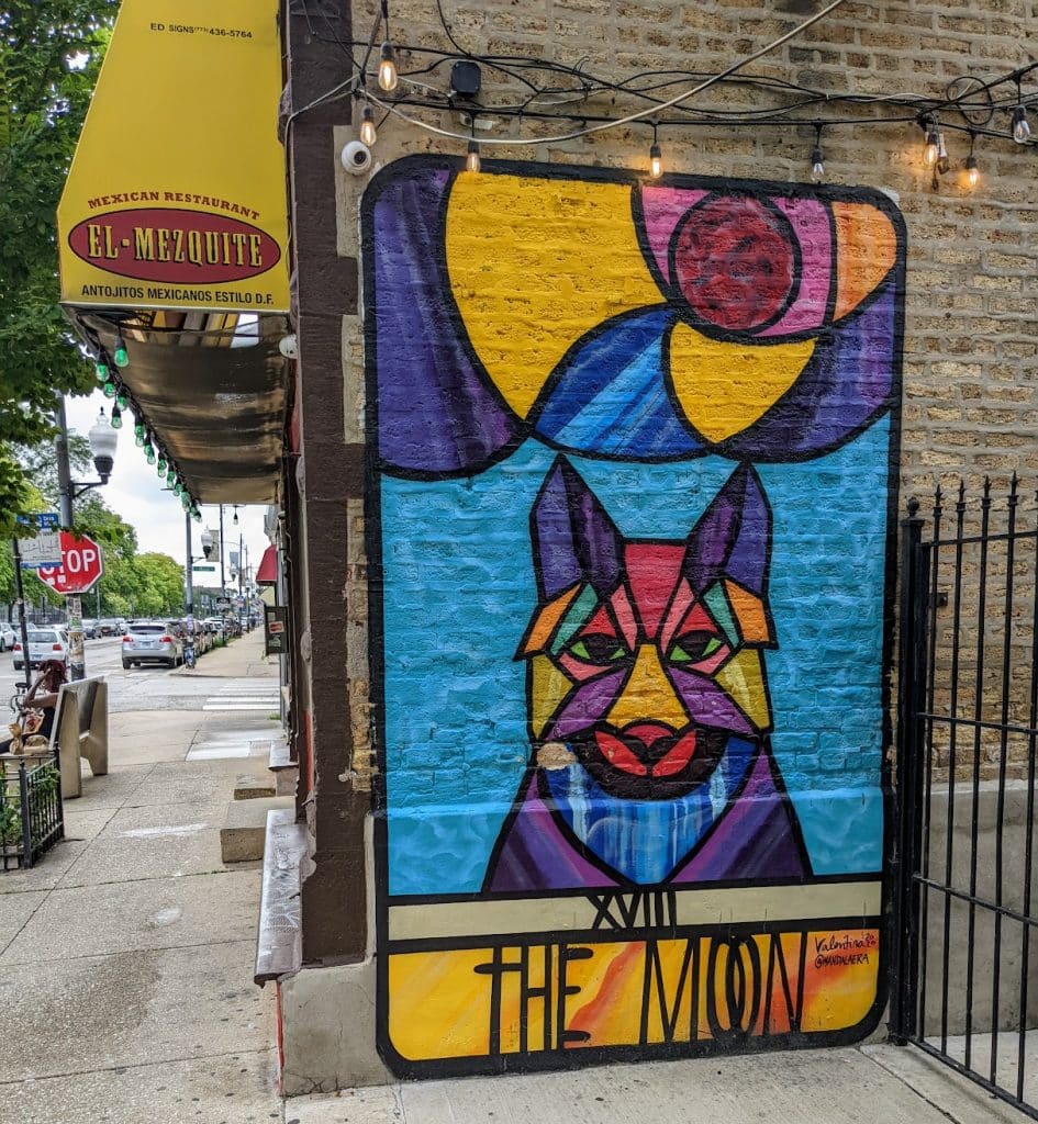 Street art of a colorful cat in Chicago's Pilsen neighborhood. 