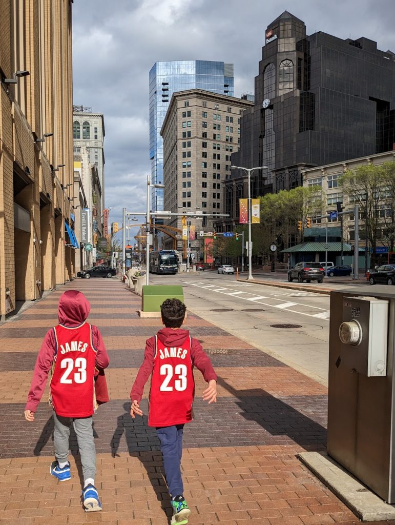 The Gibson boys walking in downtown Cleveland on their way Rocket Mortgage Fieldhouse arena. 
