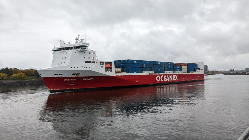 Oceanex ship costing down St. Lawrence River in Montreal port. 