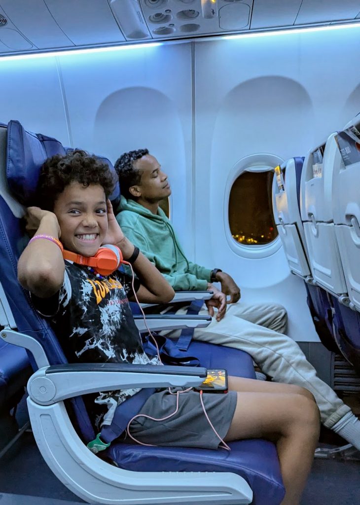 Dad and son on empty Southwest Airlines flight to Las Vegas. 